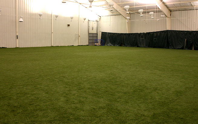 Indoor athletic facility with an artificial grass floor